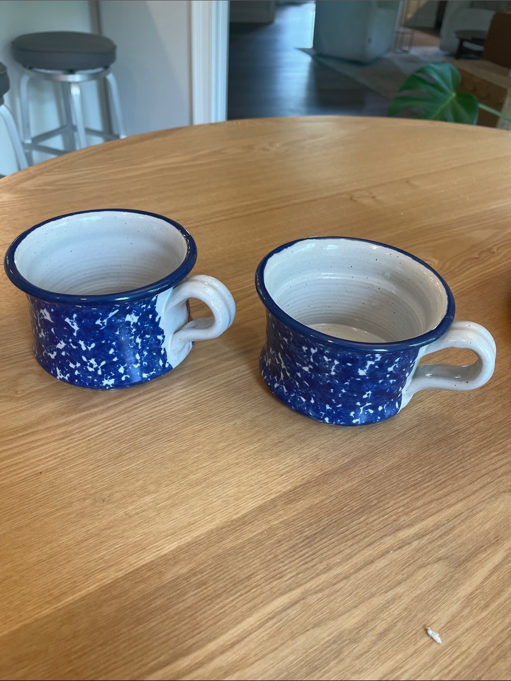 Pair Handmade Studio Pottery Soup Mugs | Blue Splatterware Stoneware Signed